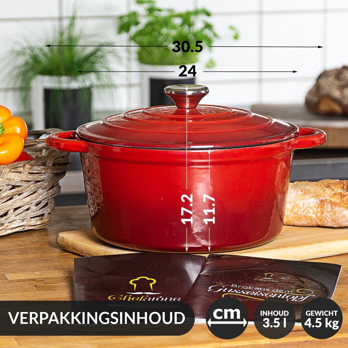 Chefarone Poêle en fonte - Casserole - Couvercle inclus - Convient à toutes les sources de chaleur - Émaillée - Rouge