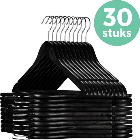 LifeGoods Cintres - Avec barre de pantalon - Bois dur - Noir - 30 pièces