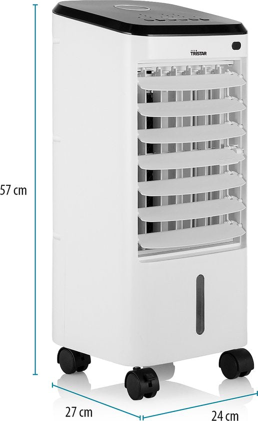 Climatiseur mobile Tristar 4 L – Avec télécommande et minuterie – Roulettes pivotantes – Éléments de refroidissement – Réglable – AT‑5446 – Blanc