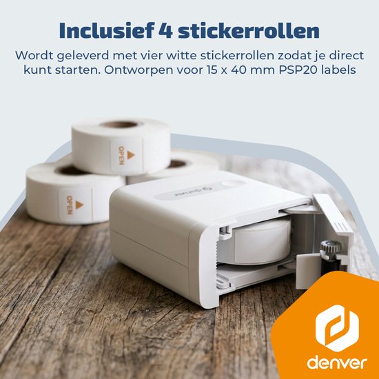Imprimante d'étiquettes Denver - Bluetooth - Connexion à un smartphone - 15 x 40 mm - 4 rouleaux d'étiquettes inclus - MBP16