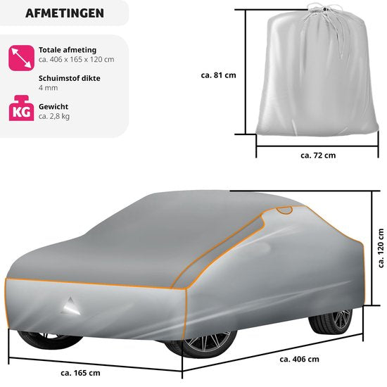 tectake® Car cover - Bâche voiture - Protection contre la grêle - Couverture imperméable - Respirante - Garage auto élastique - Accessoires auto avec sac de rangement - Compatible avec de nombreux modèles - Taille (LxLxH) 406x165x120 cm - Petit