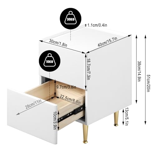 Woltu Table de nuit avec 2 tiroirs High Gloss - Bois PVC + Métal Blanc + Or - 30 x 40 x 51 cm