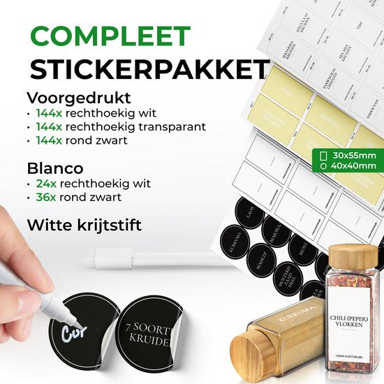 Soothe 48 pots à épices carrés en verre avec couvercle en bambou - 2 types de couvercles à saupoudrer - Spice Spreader - pots à épices - Set complet avec stickers à épices, stick à craie et accessoires - 120ml