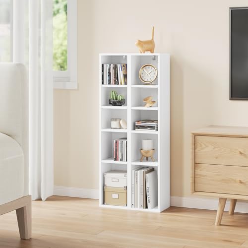 Woltu Cube Shelf with 10 Compartments - Narrow High Bookcase - White - 19.5 x 17 x 92.5 cm