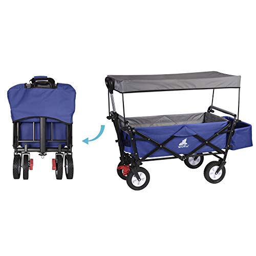 Chariot de transport Woltu pliable - châssis robuste en acier bleu - capacité de 80 kg, avec frein et pare-soleil amovible - 4 roues pivotantes 100x50x90 cm