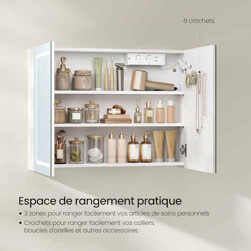 Armoire de toilette Eugad avec miroir LED et lumière tactile - Blanc - 80 x 14,5 x 60 cm
