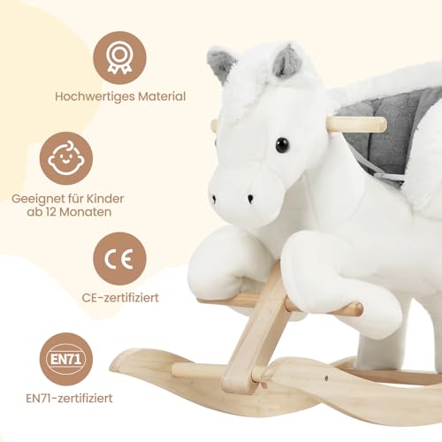 Cheval à bascule Woltu avec son et sangle de sécurité - blanc et gris - rembourrage en peluche