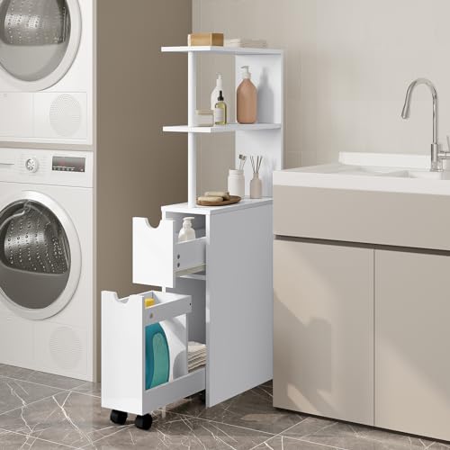 Eugad Meuble de salle de bain étroit avec tiroirs et étagère réglable - MDF blanc - 45 x 19 x 113 cm