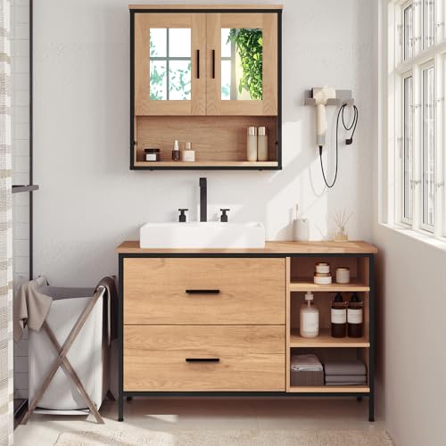 Eugad Armoire de toilette avec 2 tiroirs et 3 compartiments ouverts Chêne clair - Noir 90 x 30 x 60 cm