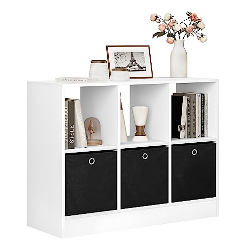 Woltu Bibliothèque avec 3 tiroirs - Blanc - 80x30x60 cm - Armoire stable avec 6 sections en panneaux de particules