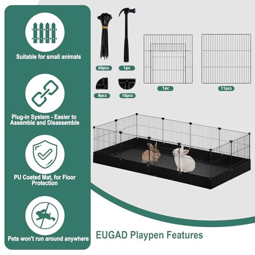 Eugad - Parc pour petits animaux avec fond et porte - Cage en métal noir 140 x 71 x 37 cm