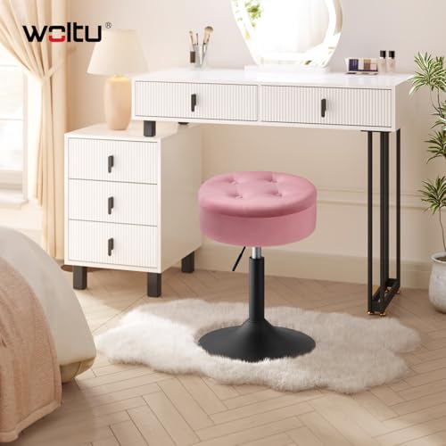 Woltu Tabouret de maquillage avec rangement - Tabouret de bar réglable 50-66.5 cm - Assise ronde - Rose velours