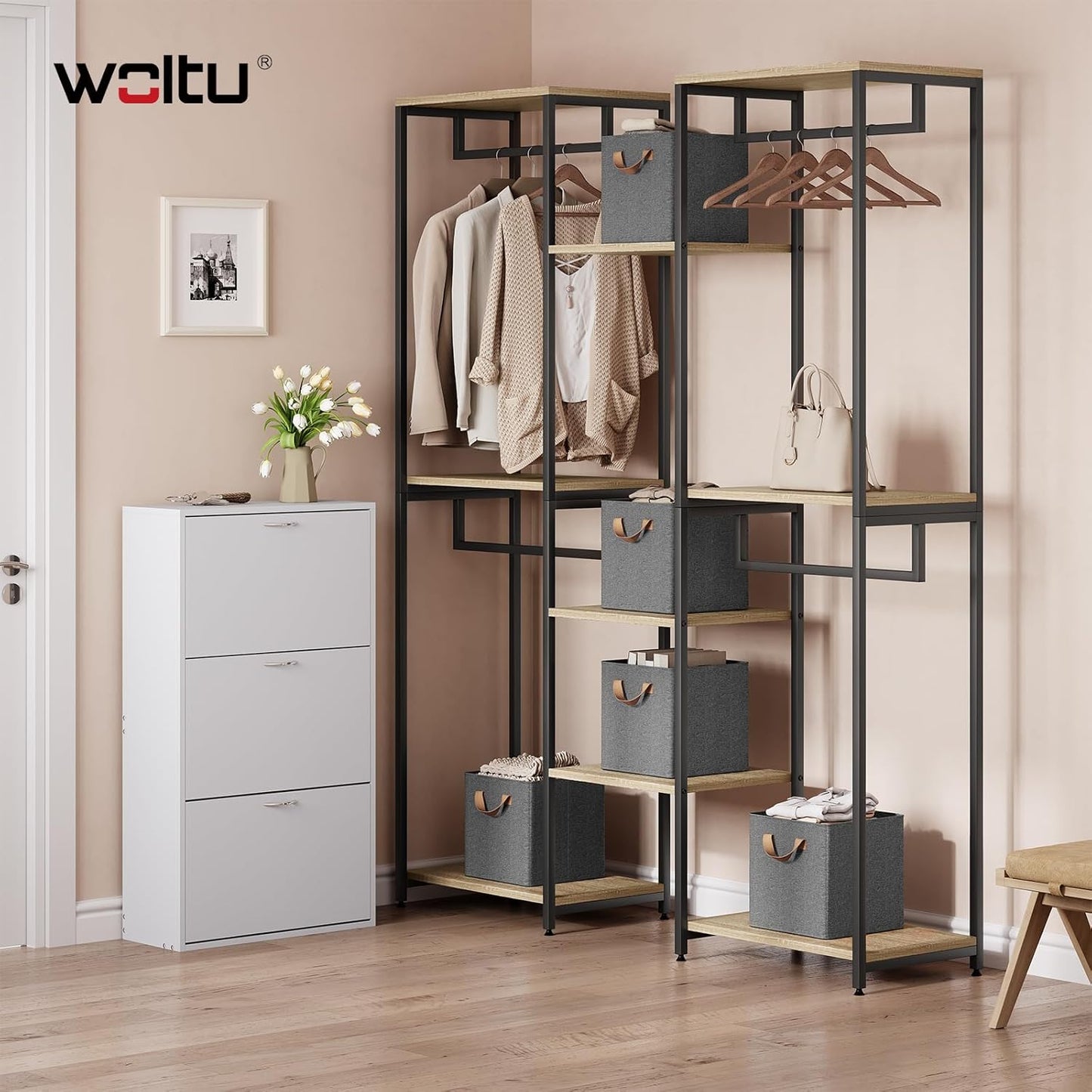 Woltu Boîte de rangement pliable Lot de 5 - Gris - Avec poignées et cadre en métal - 26 x 26 x 26,5 cm