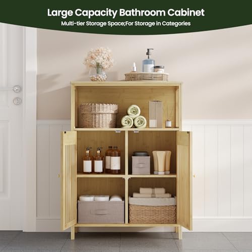 Eugad Armoire de salle de bain avec 2 portes à lamelles et étagères réglables - Couleur bambou 70 x 98 x 32 cm