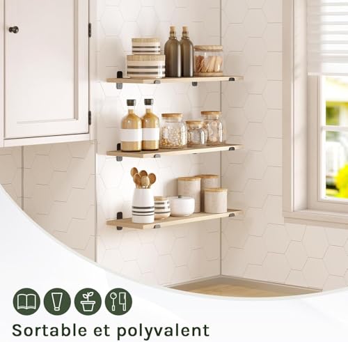 Eugad Set de 3 étagères murales flottantes de style rétro - Noir et bois clair - 60 x 20 x 7 cm