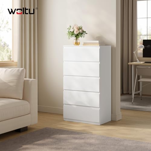 Commode Woltu 5 tiroirs blanc - Meuble de rangement spacieux pour le salon et la chambre 60 x 37 x 110 cm