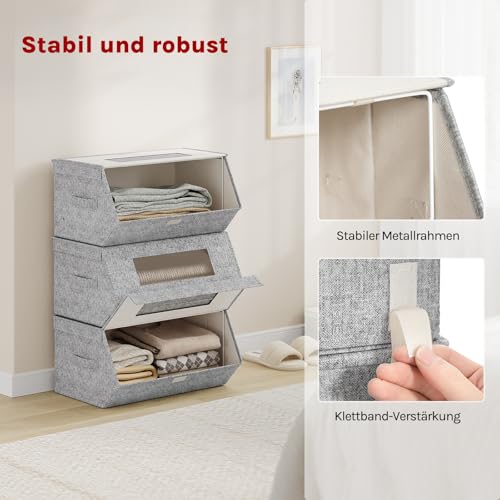 Woltu Boîtes de rangement empilables avec couvercle Gris et Beige 50x25x35 cm Lot de 3