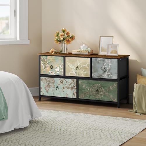 WOLTU Meuble à tiroirs à motif floral vintage - Meuble de rangement avec 5 tiroirs en tissu et cadre en métal - 100 x 30 x 54 cm