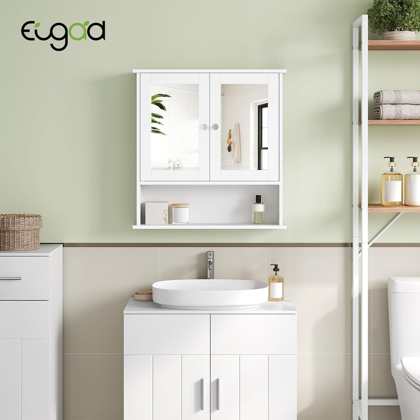 Eugad Armoire de toilette avec miroir - Armoire murale MDF résistant à l'humidité - Etagère réglable - Blanc - 56 x 13 x 58,5 cm