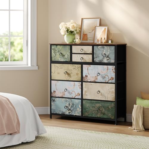 Commode Woltu avec 10 tiroirs Motif floral vintage - Marron - 100 x 100 x 30 cm
