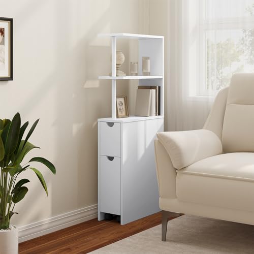 Eugad Meuble de salle de bain étroit avec tiroirs et étagère réglable - MDF blanc - 45 x 19 x 113 cm