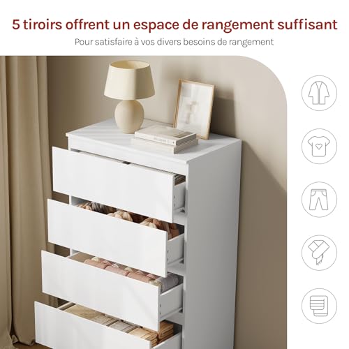 Commode Woltu 5 tiroirs blanc - Meuble de rangement spacieux pour le salon et la chambre 60 x 37 x 110 cm