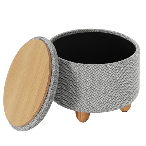 Tabouret de rangement Woltu avec couvercle Large - Lin gris clair - Coussin d'assise rond avec rangement et pieds en pin - Ø 39 x 33 cm