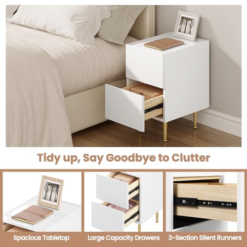 Woltu Table de nuit avec 2 tiroirs High Gloss - Bois PVC + Métal Blanc + Or - 30 x 40 x 51 cm