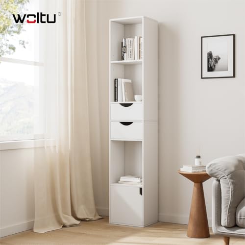 Woltu Bibliothèque à tiroirs - Meuble de rangement sur pied - Blanc - 30x24x158 cm