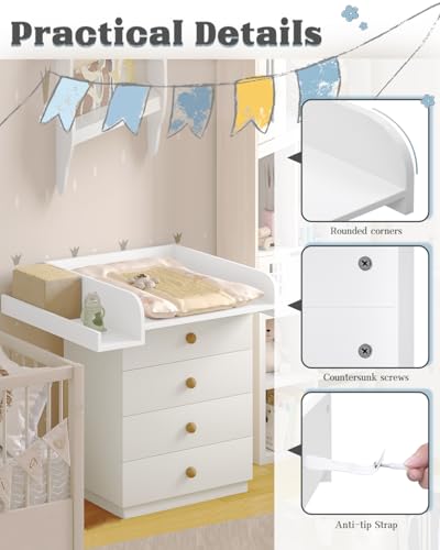 Plan à langer Woltu avec bord de protection et support de rangement - Blanc - 80 x 70 x 16,5 cm