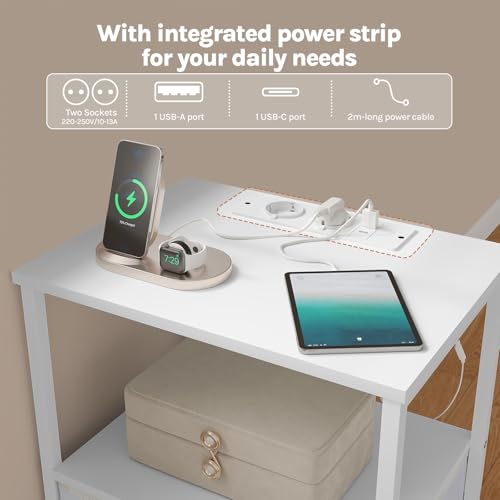 Table de nuit Woltu avec station de recharge et éclairage LED - Blanc - Lot de 2