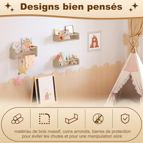 Woltu 3 étagères murales pour enfants - Bois massif - 40 cm - Avec perles en bois - Sûr et pratique