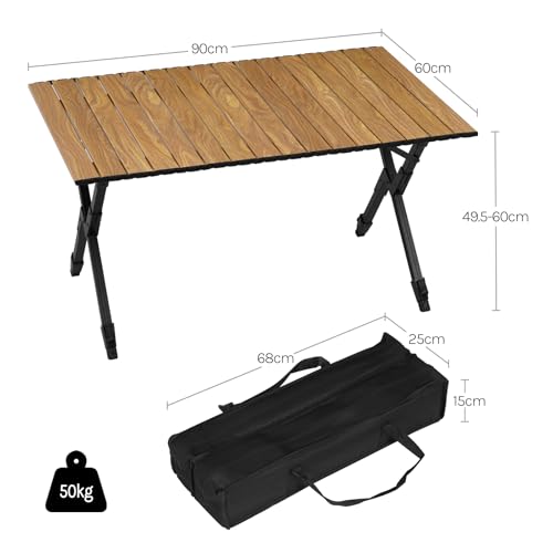 Table de camping pliante Woltu - Aluminium, hauteur réglable, aspect bois, sac de transport inclus