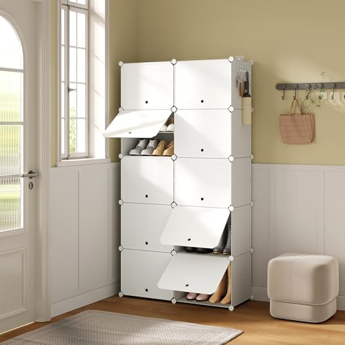Woltu Shoe Rack with 10 Compartments White - Armoire à chaussures pour 40 paires de chaussures avec portes