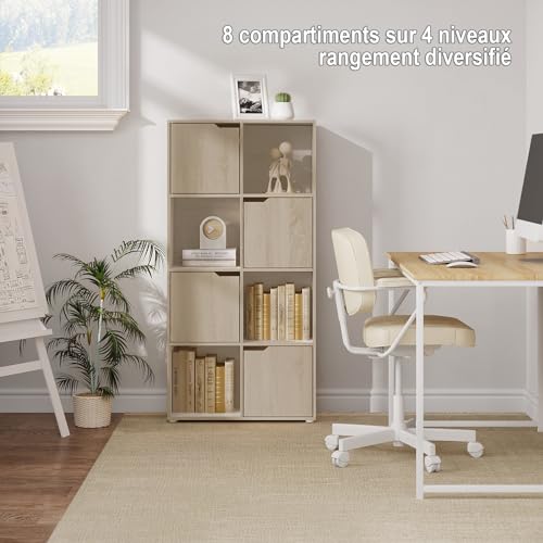 Woltu Bookcase SK039hei - Meuble de rangement avec 8 compartiments et 4 portes - Panneau de particules chêne clair - 60x30x120 cm