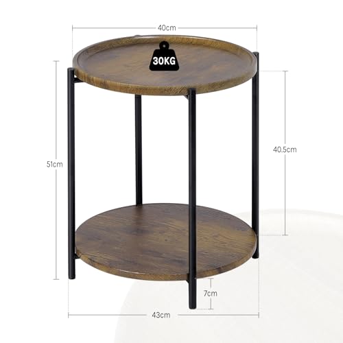 Woltu Table basse ronde avec 2 étagères et plateau amovible aspect bois vintage