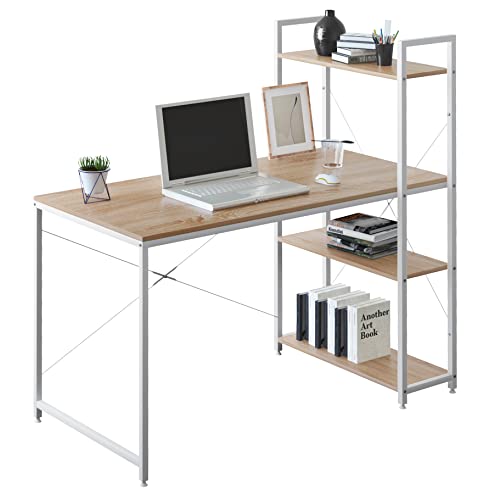Table d'ordinateur Woltu chêne clair + blanc avec 4 casiers de rangement - Poste de travail spacieux 120x64 cm