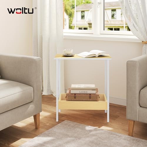 Woltu Side Table BTS03nh - Table basse avec 2 étagères - Métal noir et aspect bois - 50 x 55 x 25 cm