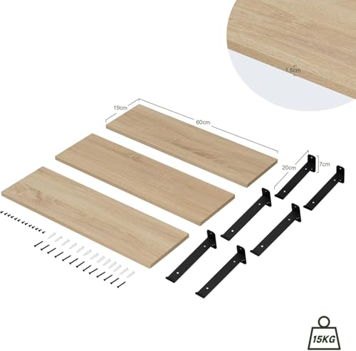 Eugad Set de 3 étagères murales flottantes de style rétro - Noir et bois clair - 60 x 20 x 7 cm