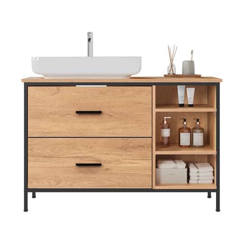 Eugad Armoire de toilette avec 2 tiroirs et 3 compartiments ouverts Chêne clair - Noir 90 x 30 x 60 cm