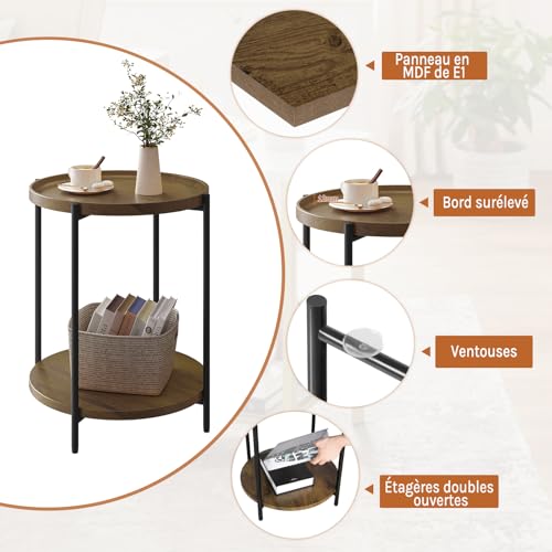 Woltu Table basse ronde avec 2 étagères et plateau amovible aspect bois vintage