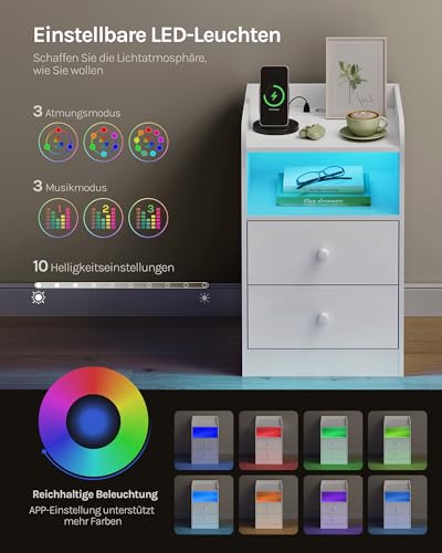 Woltu Table de chevet avec éclairage LED et prise Blanc 40 x 35 x 64 cm