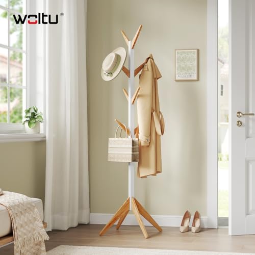 Porte-manteau vertical Woltu avec 8 crochets - Bois massif blanc + naturel - Hauteur 180 cm