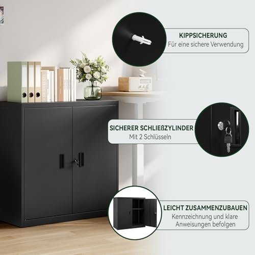 Woltu Armoire de rangement avec étagère réglable - Armoire en métal avec serrure - Noir - 90 x 92 x 40 cm