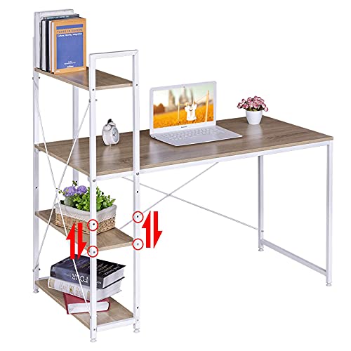 Table d'ordinateur Woltu chêne clair + blanc avec 4 casiers de rangement - Poste de travail spacieux 120x64 cm