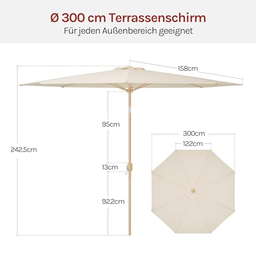 Parasol Woltu 300 cm Beige - Protection solaire UPF 50+ avec fonction d'inclinaison et fermeture avec tuyau