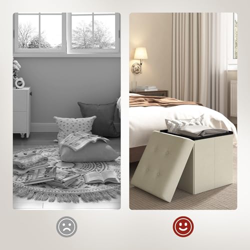 Woltu Tabouret pliable avec rangement - Blanc crème - 37,5 x 37,5 x 38 cm