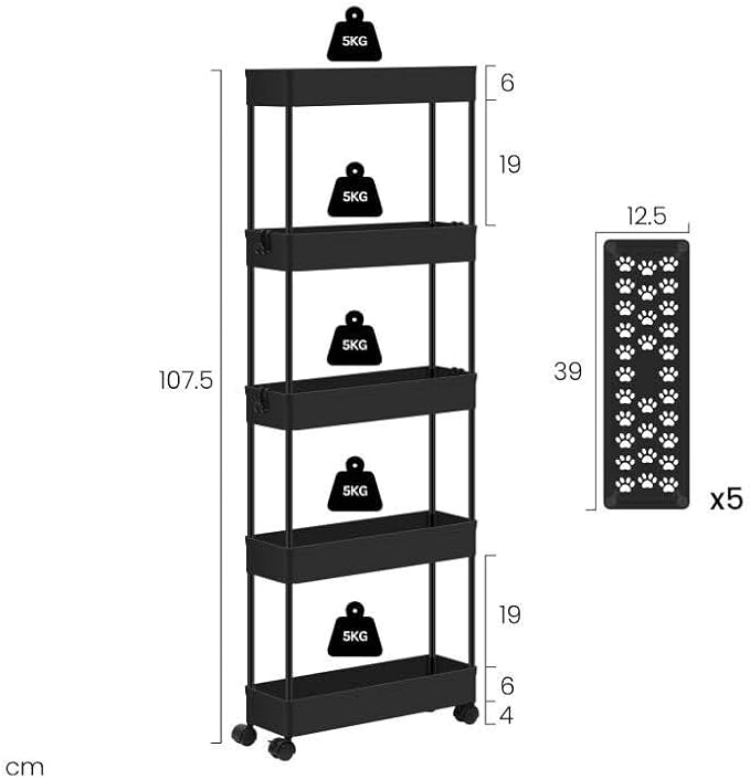 Klihome Service trolley - chariot de rangement à roulettes - 5 étagères - étroit 12,5 cm - noir mat