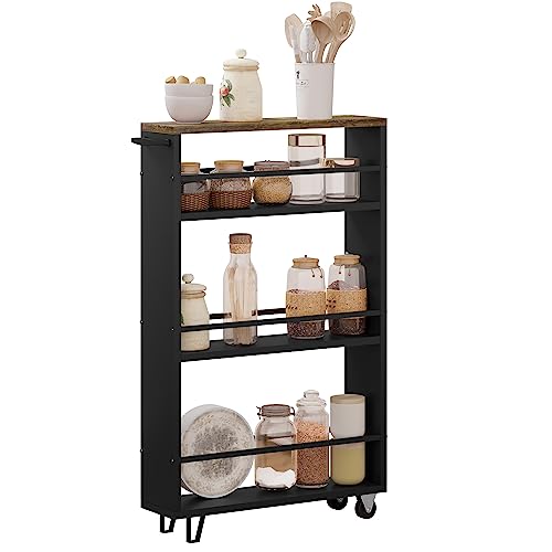 Woltu Kitchen Trolley with 3 Levels - étagère de cuisine en bois avec roues et poignée - Vintage Brown Black - 47 x 80 x 13 cm
