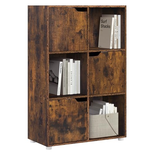 Woltu Bibliothèque SK001vbn 6 compartiments avec portes - Armoire en bois brun rustique - 59,7 x 29 x 91 cm